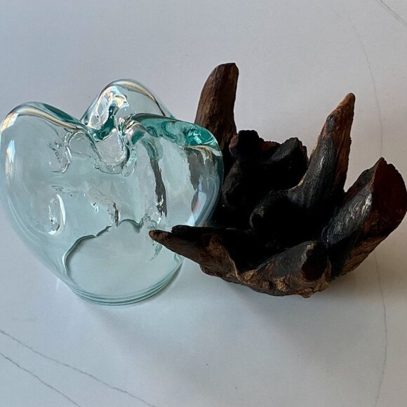 Handmade Art Glass Wood Vase Blown Molten Glass Bowl Teak Base Terrarium NEW - Picture 10 of 16